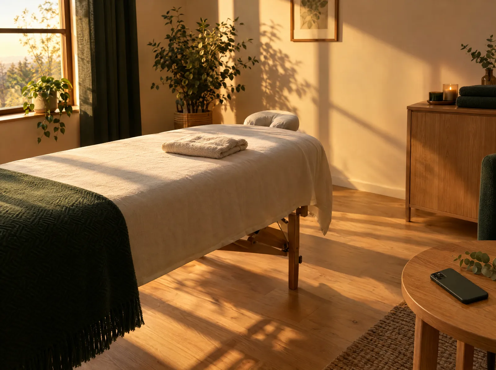 Fin de journée : la salle de massage est prête, le téléphone posé face contre la table.